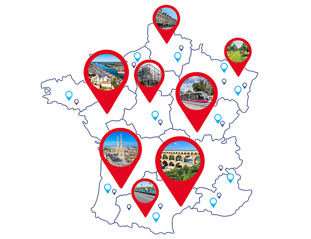 Croquis d'une carte avec pins images dans certaine localisations en France
